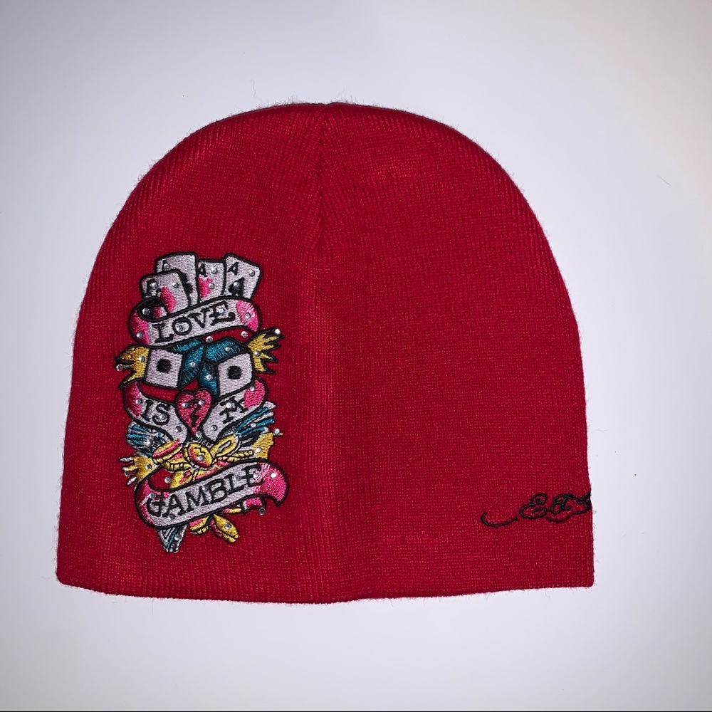 Ed Hardy Red Bedazzled Knit Beanie “Love Is A Gamble” Embroidery